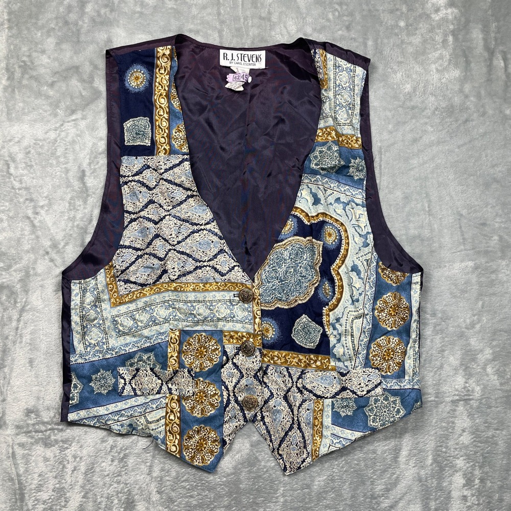 Vintage 90s RJ Stevens Vest Women 16 Blue Gold Paisley Medallion Mixed Print USA